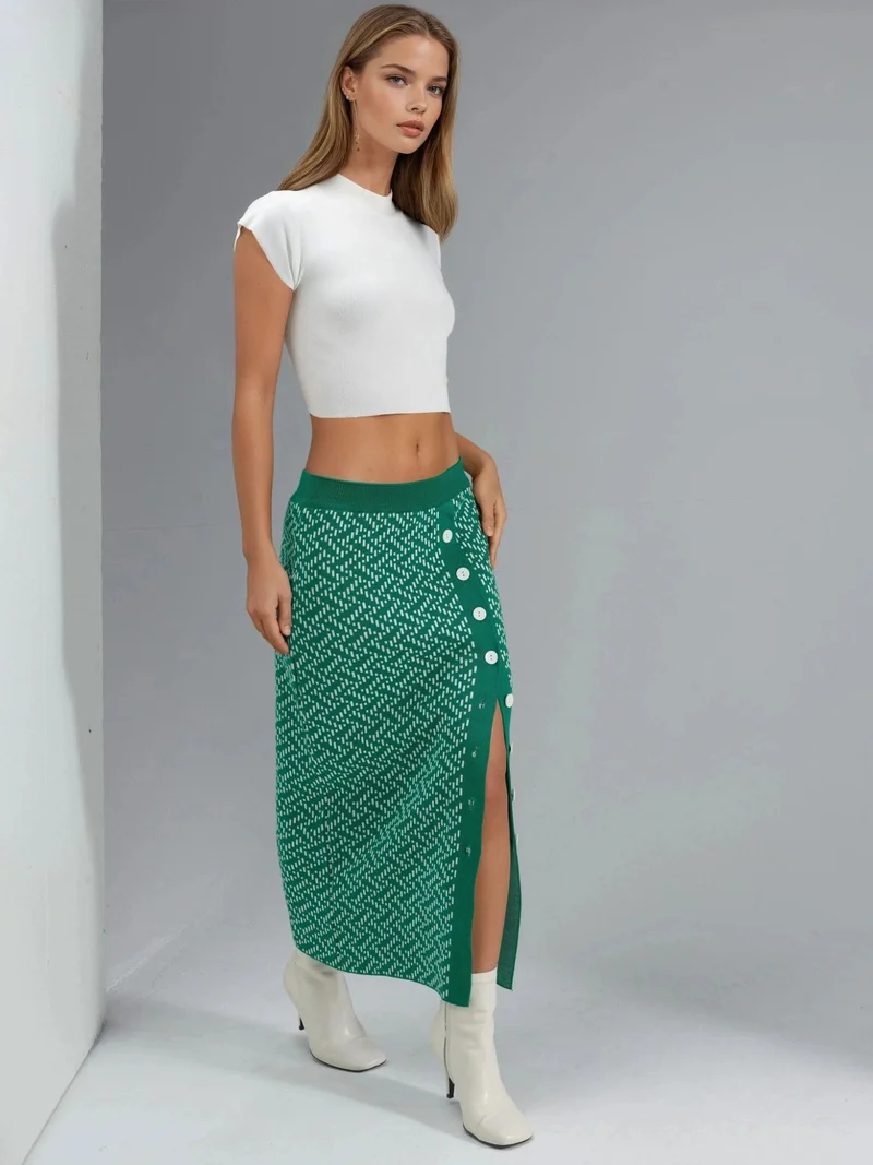 MY FASHION Pine Green MY FASHION High Waist Geometric Knit Maxi Skirt with Button Closure for Women | Best Price UAE